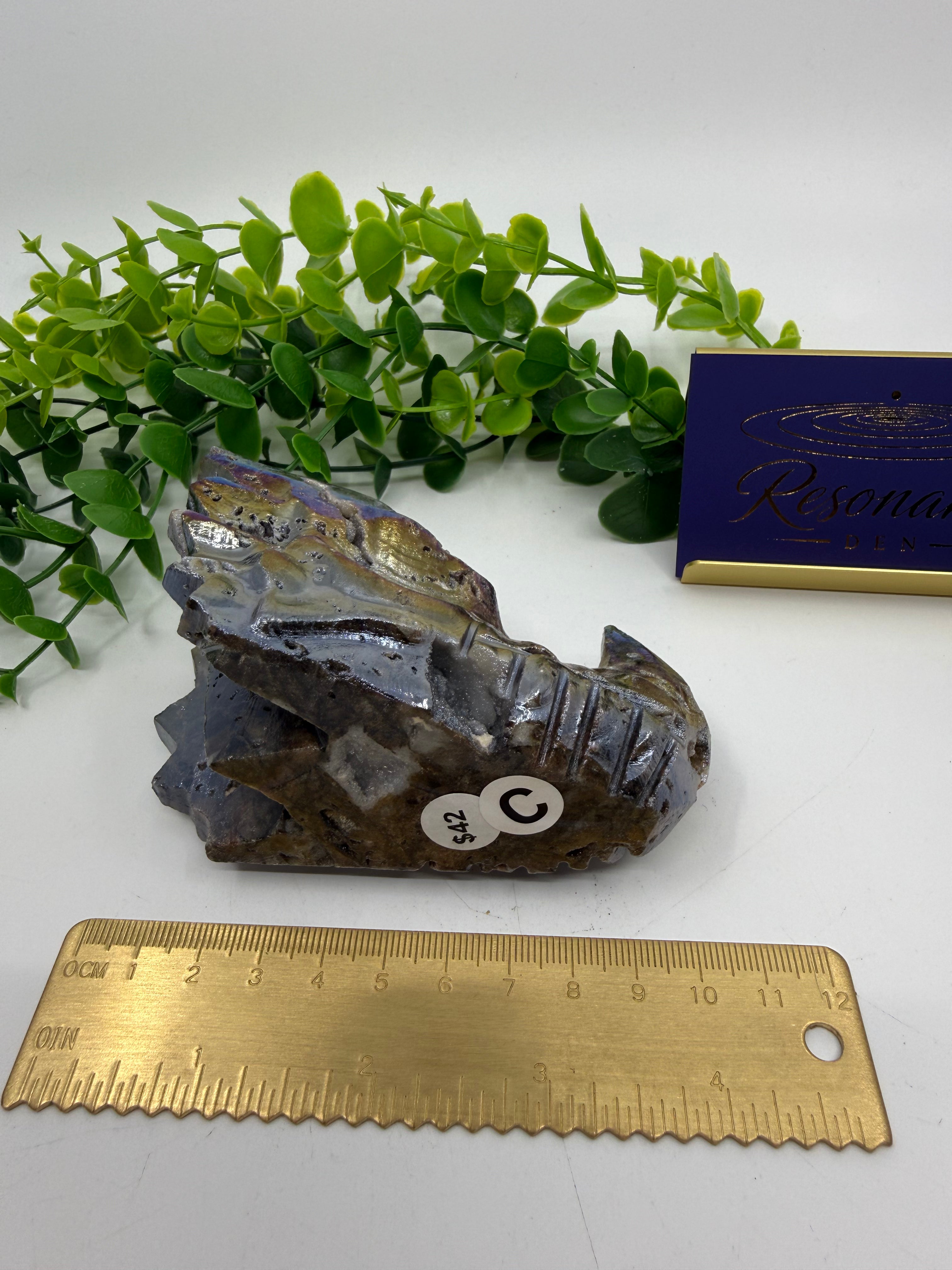 Rainbow Aura Sphalerite Dragon's Head Carving (Opt C)