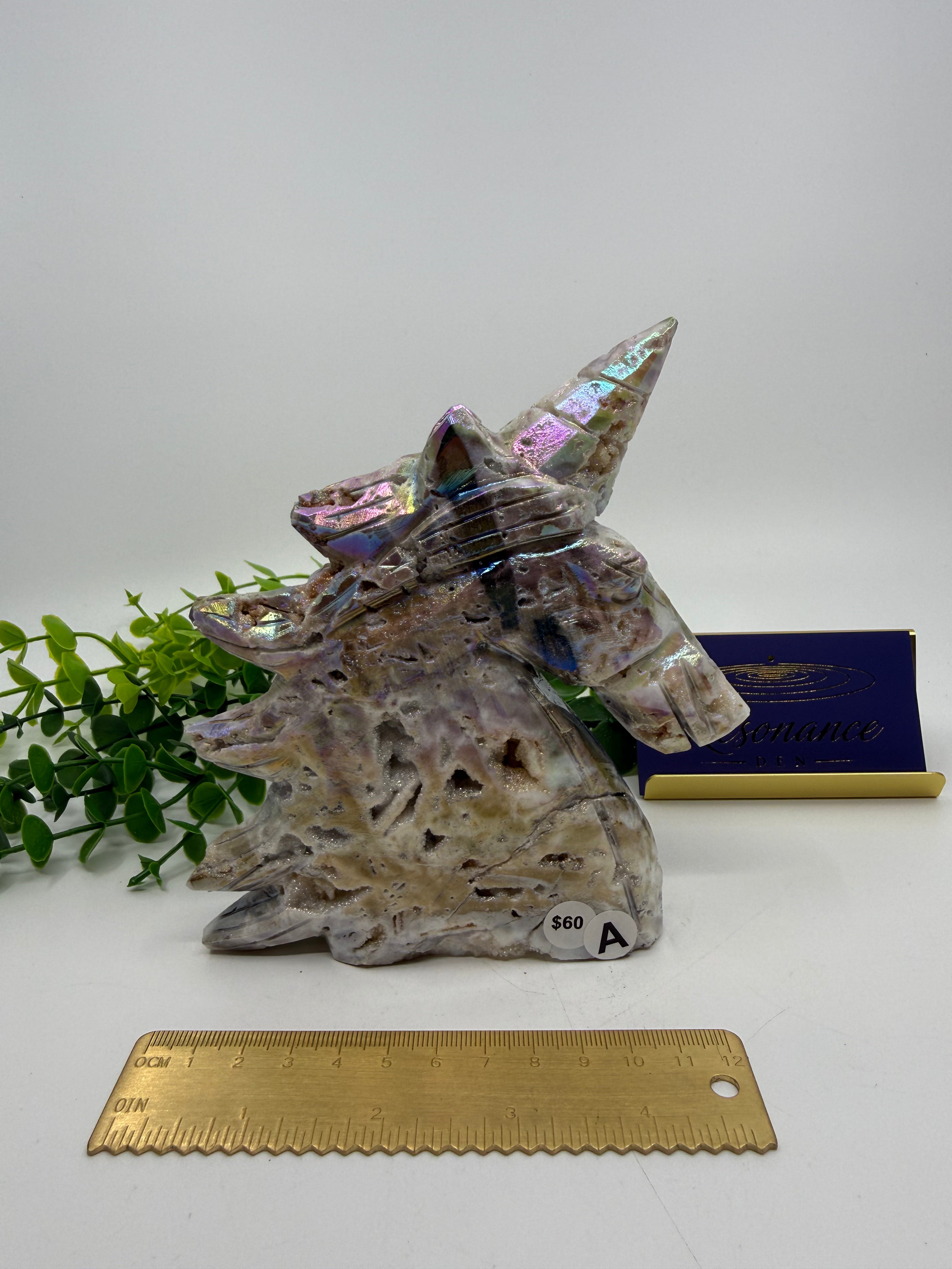 Rainbow Aura Sphalerite Unicorn Carving