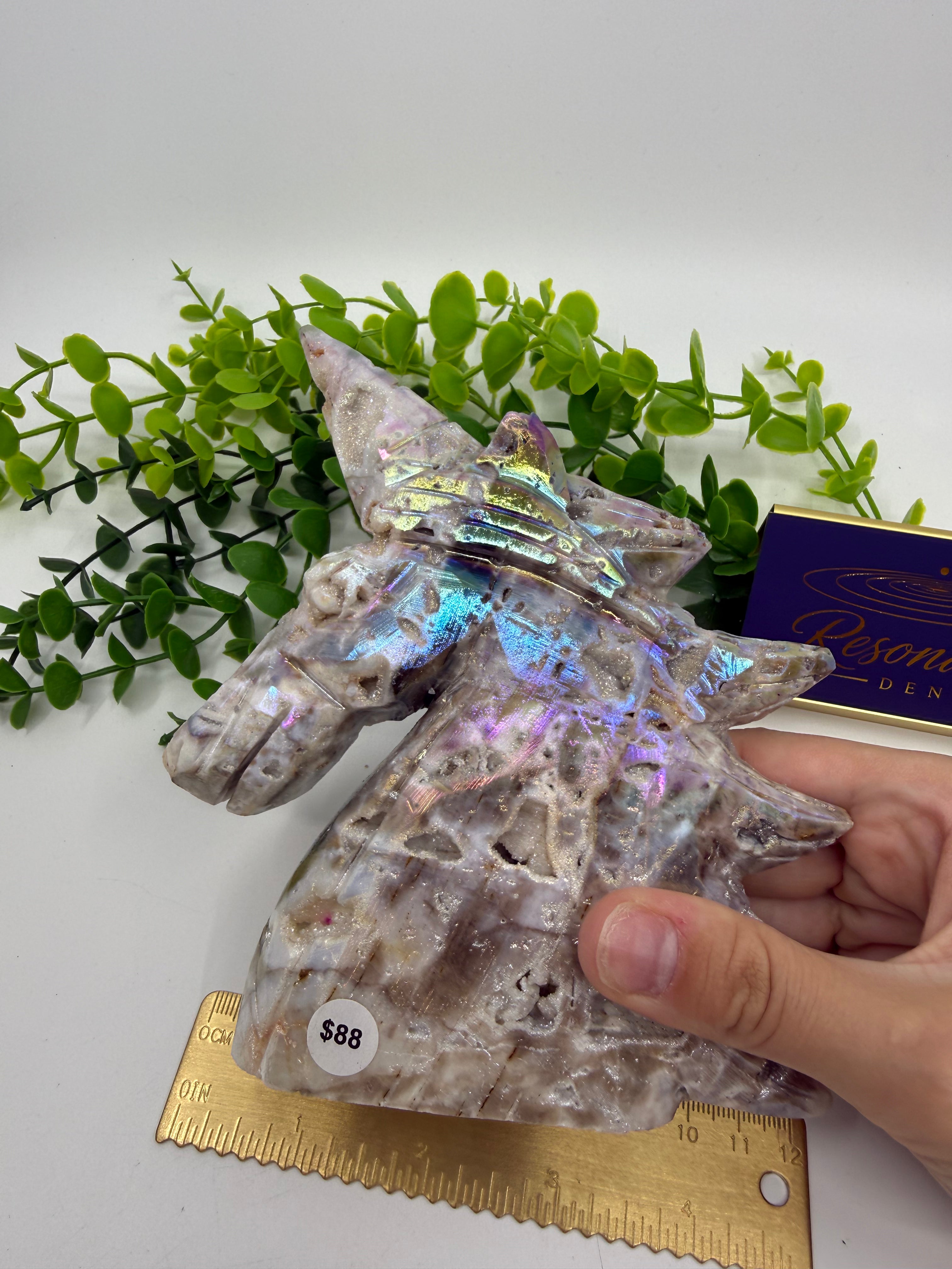 Rainbow Aura Sphalerite Unicorn Carving